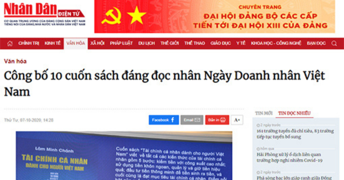 Sách Tài chính cá nhân dành cho người Việt Nam vào top 10 cuốn sách đáng đọc nhất 2020