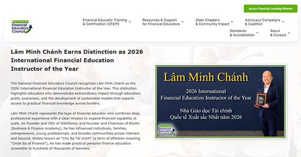 Ông Lâm Minh Chánh được vinh danh là Nhà Giáo dục Tài chính Quốc tế năm 2026 bởi Hội đồng Giáo dục Tài chính Hoa Kỳ (NFEC)